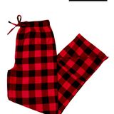 Canadian Classic Red and black buffalo check lounge pants on a white background with 'RESTOCKED' label.