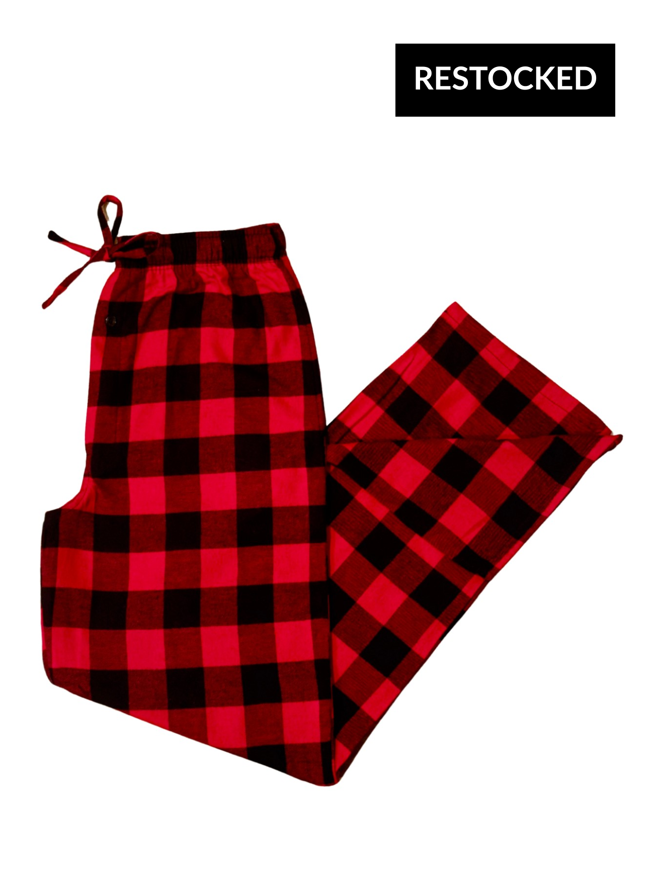 Canadian Classic Red and black buffalo check lounge pants on a white background with 'RESTOCKED' label.