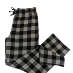 Black and gray buffalo check flannel lounge pants on a white background