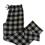 Black and gray buffalo check flannel lounge pants on a white background