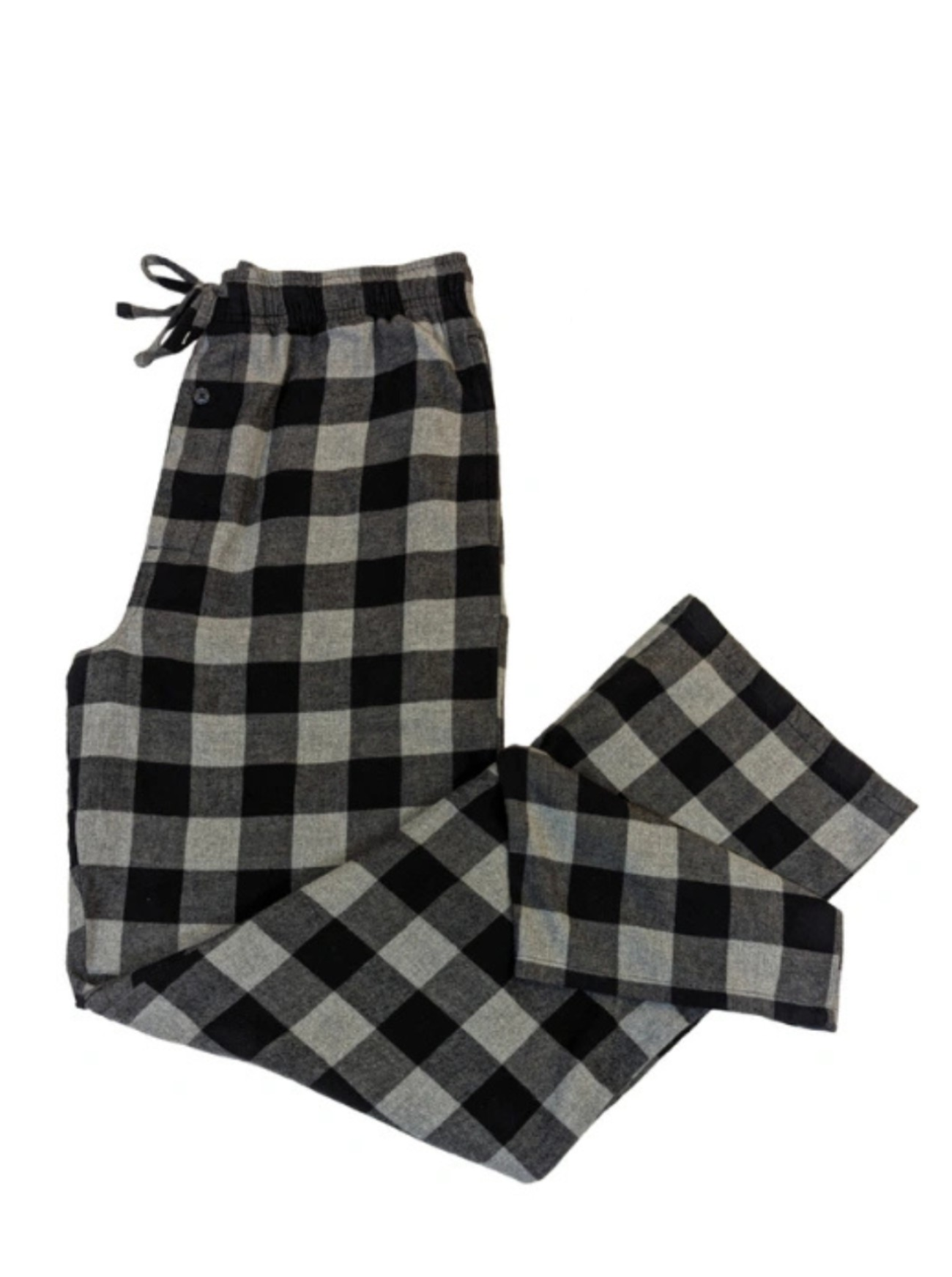 Black and gray buffalo check flannel lounge pants on a white background