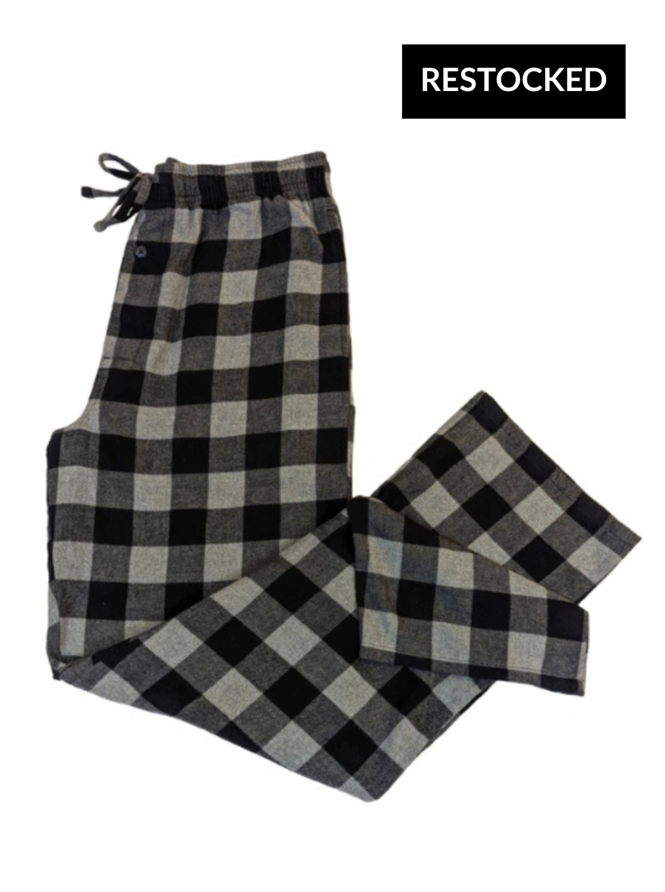 Black and gray checkered pajama pants on a white background with 'RESTOCKED' label.