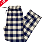 Blue and white checkered pants on a white background with 'RESTOCKED' label.