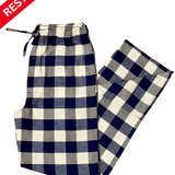 Blue and white checkered pants on a white background with 'RESTOCKED' label.
