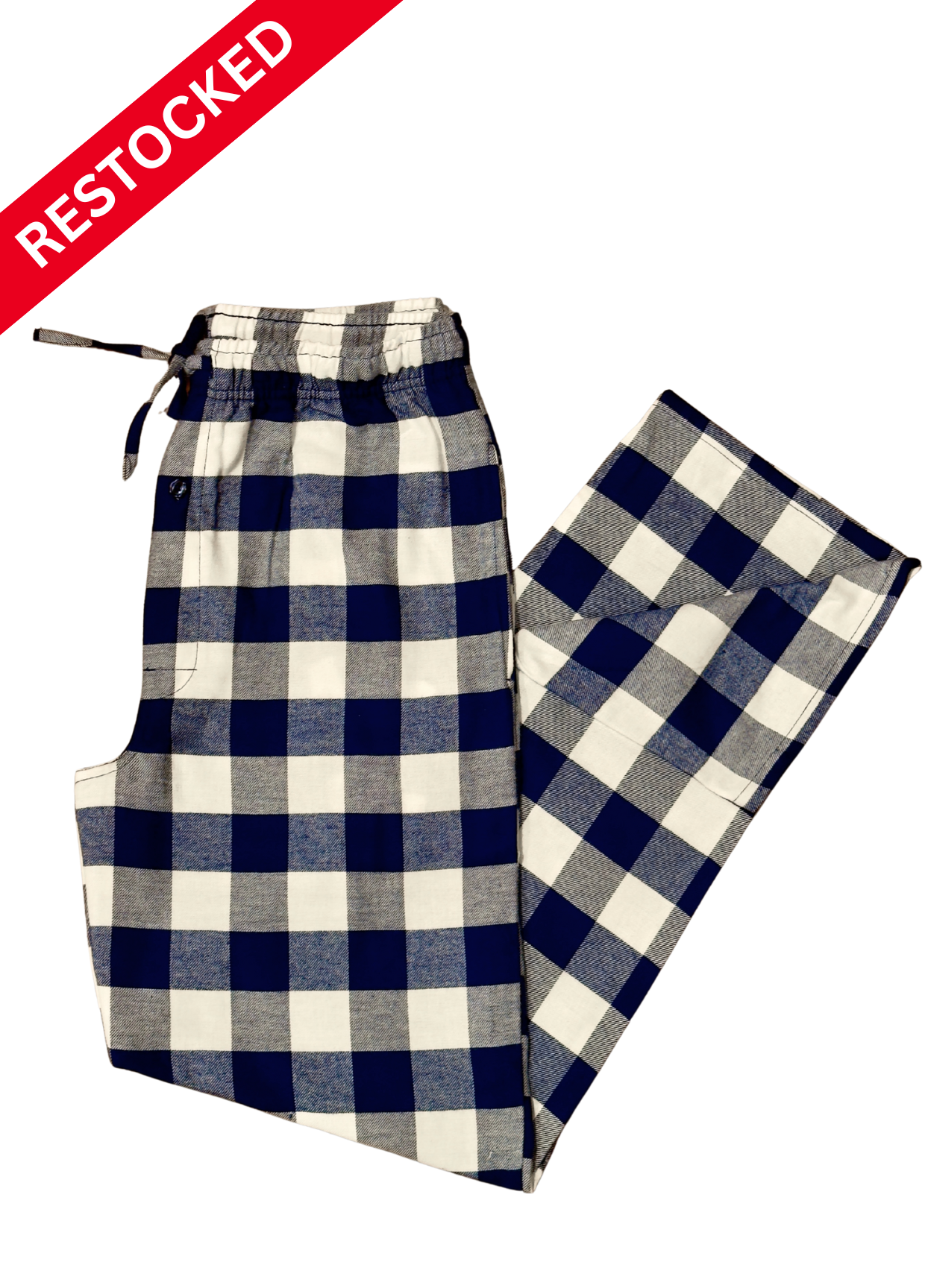 Blue and white checkered pants on a white background with 'RESTOCKED' label.