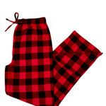 Red and black buffalo check lounge pants on a white background