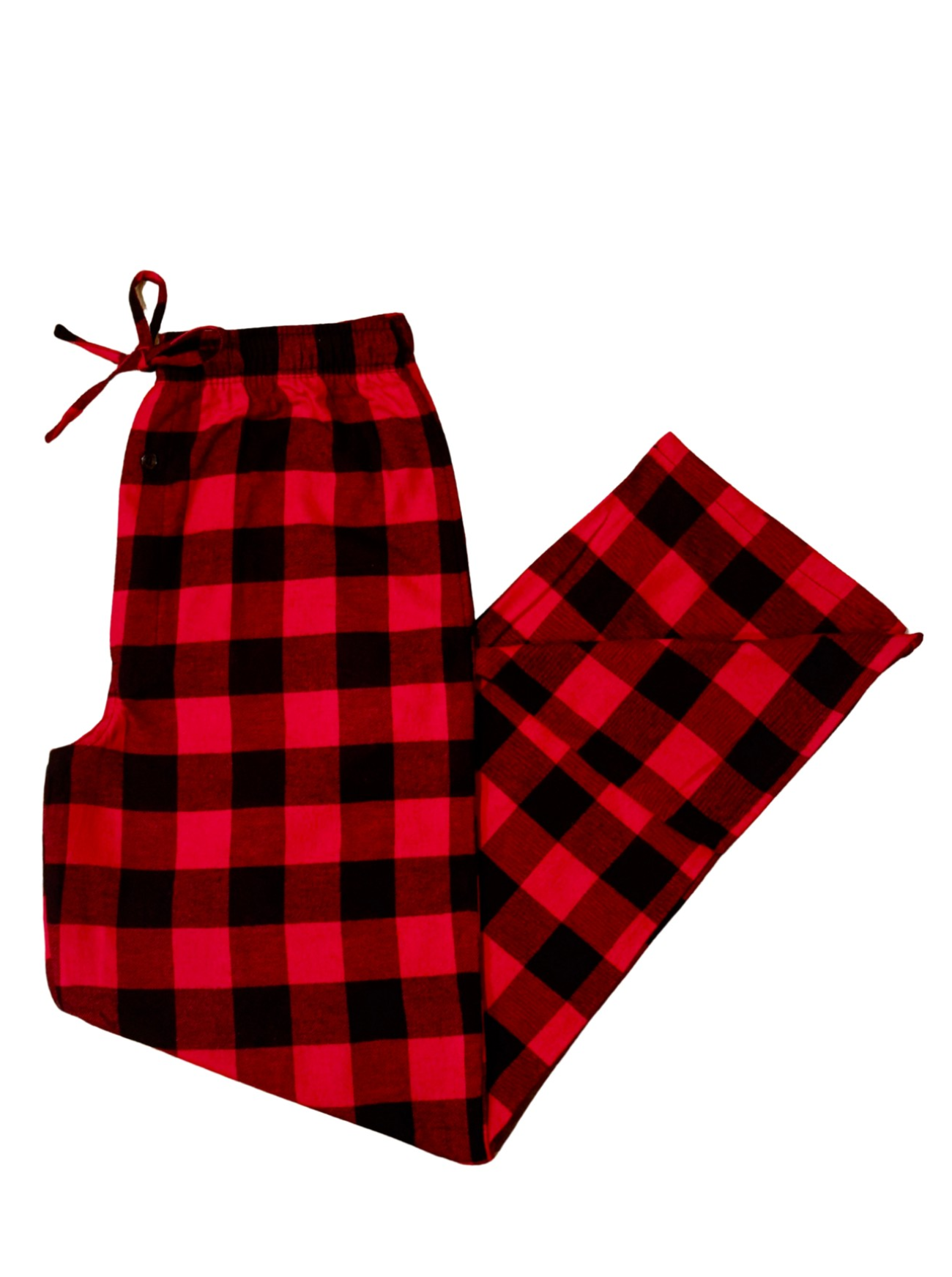 Red and black buffalo check lounge pants on a white background