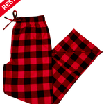 Red and black checkered pajama set with 'Restocked' label on a white background