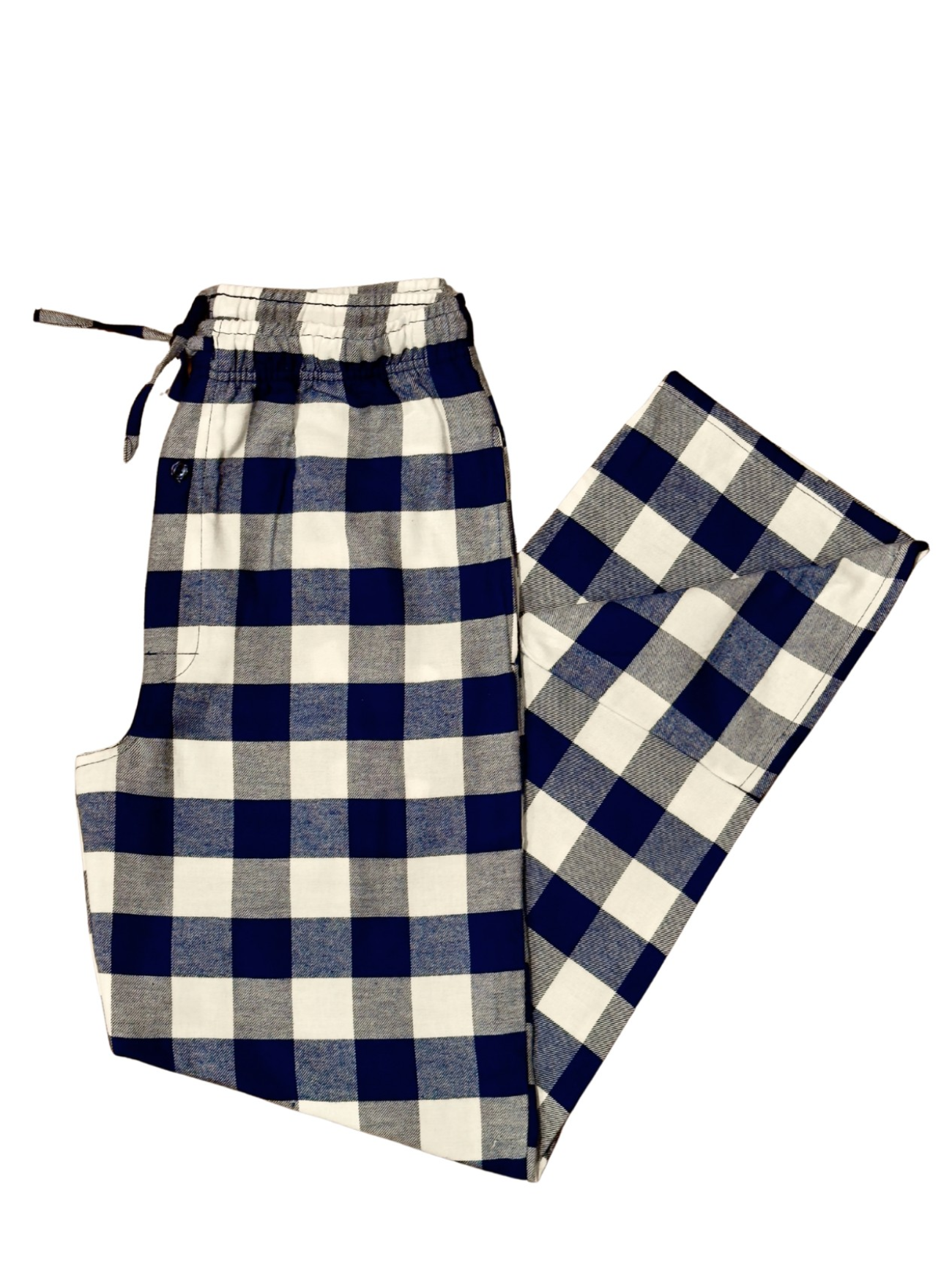 Navy and creambuffalo pants on a white background