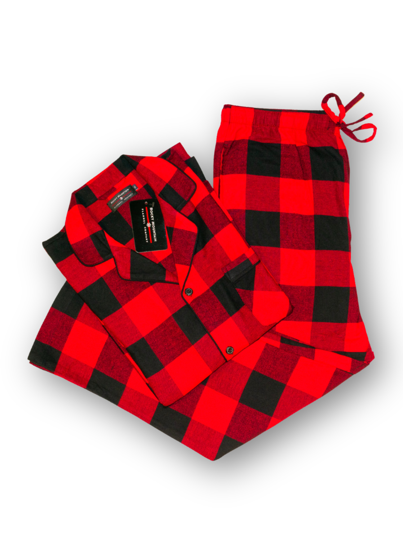 Red and black checkered pajama set on a white background