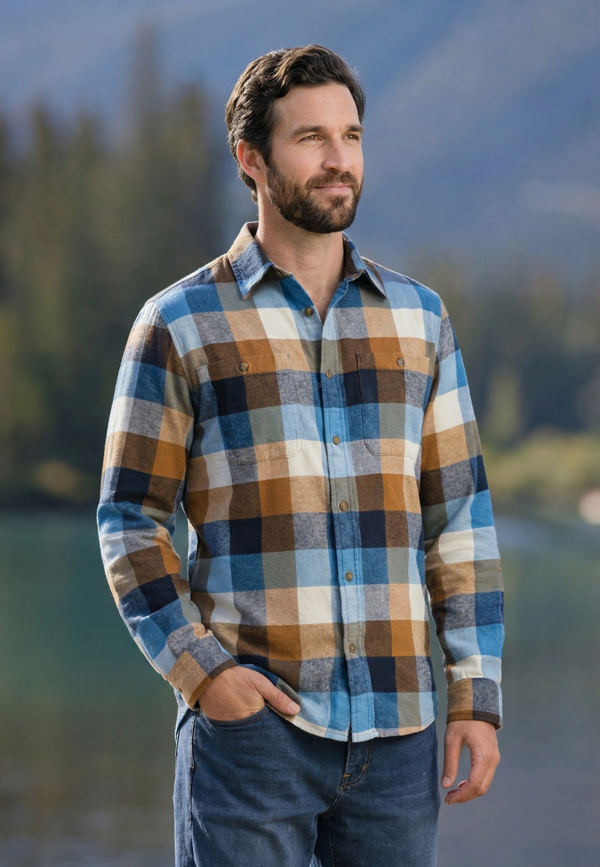 Man wearing a flannel shirt standing outdoors with mountains and water in the background
