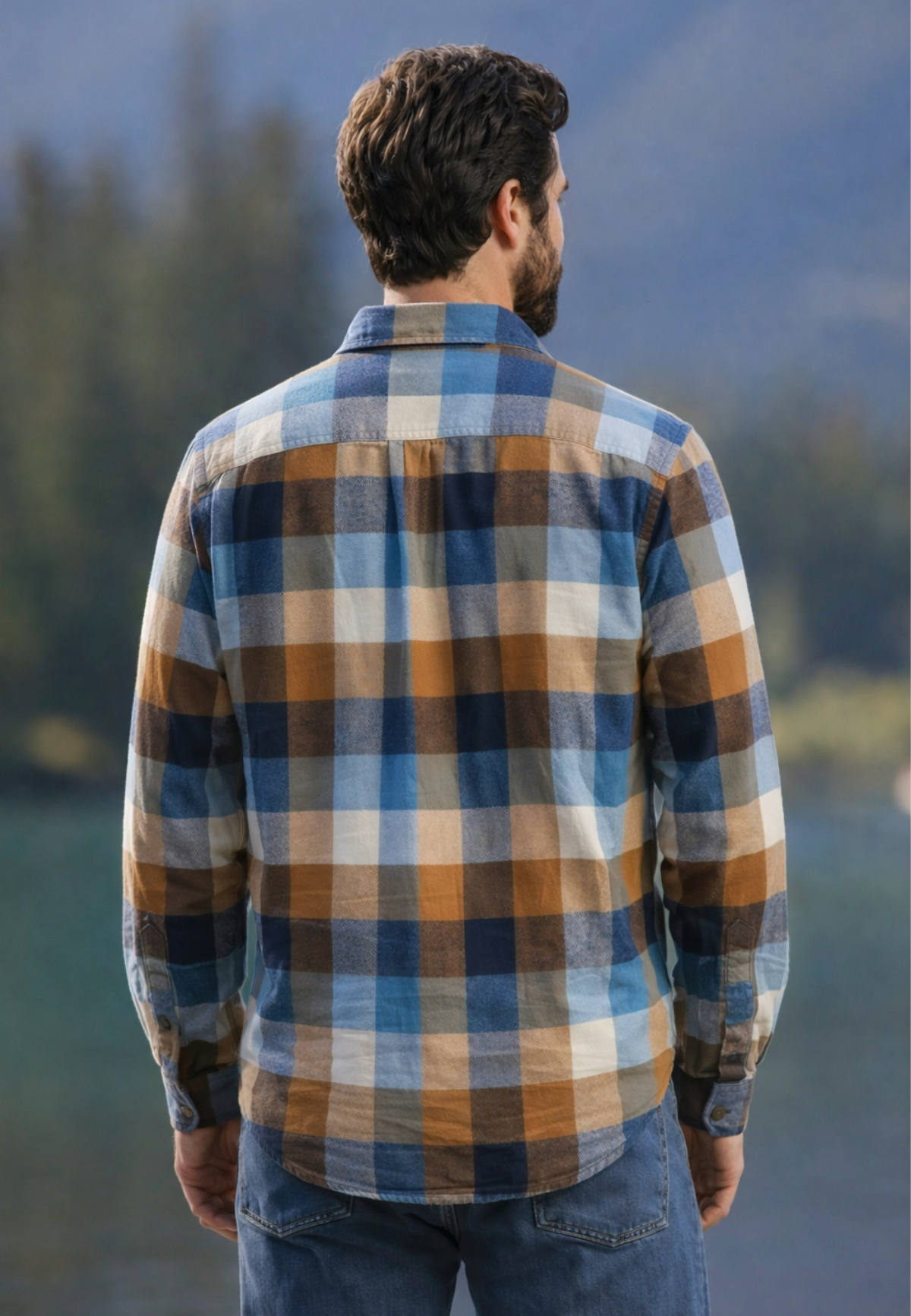 Man wearing a flannel shirt with a scenic background