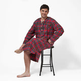 Rocky Mountain Flannel Men's Flannel Nightshirt in Royal Stewart Tartan with Black Braid Cord sat down View