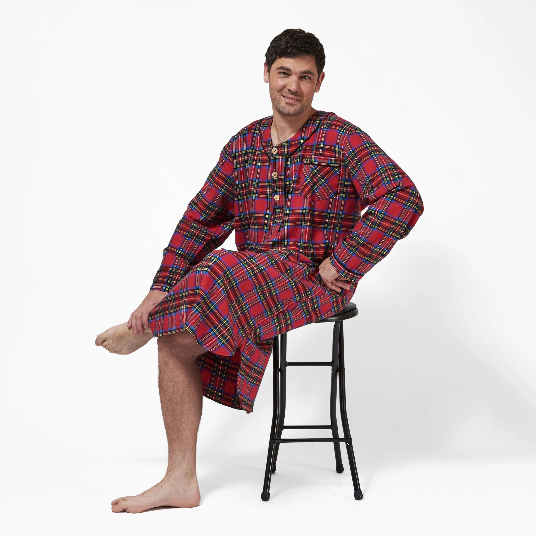 Rocky Mountain Flannel Men's Flannel Nightshirt in Royal Stewart Tartan with Black Braid Cord sat down View