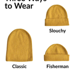 Three ways to wear a mustard beanie on a white background