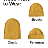 Three ways to wear a mustard beanie on a white background