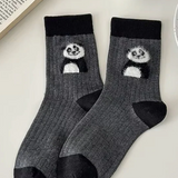 Gray cotton socks with panda design on a white surface