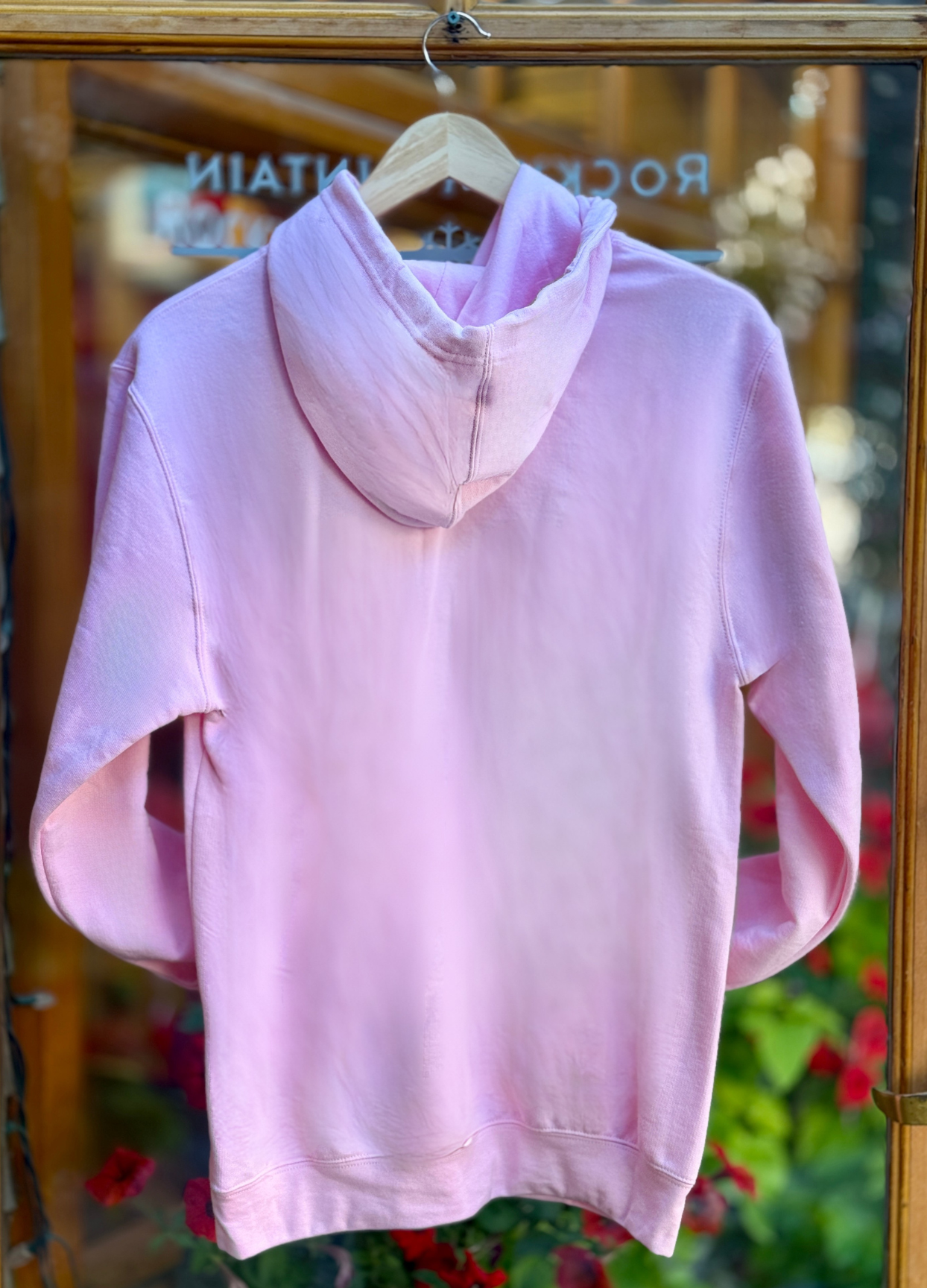 Pink hoodie on a hanger against a blurred background
