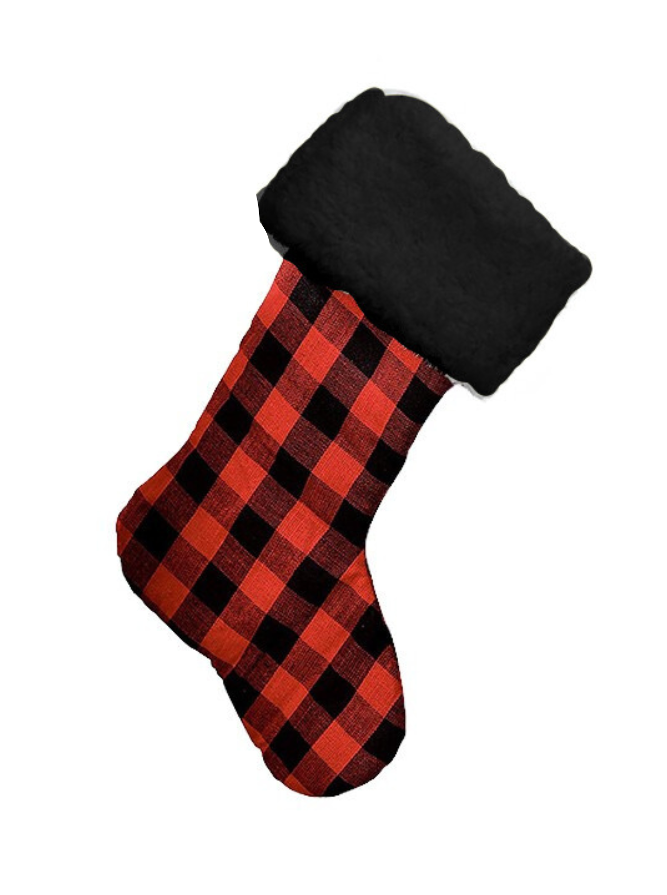 Red and black plaid Christmas stocking on a white background