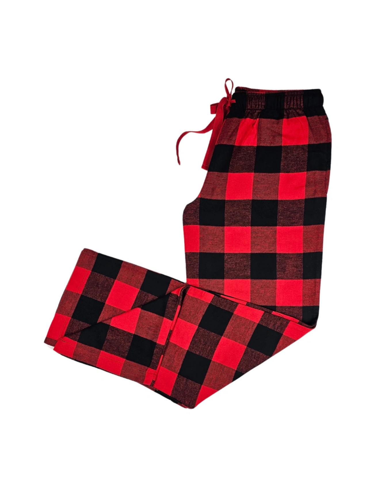 Red and black checkered pajama pants on a white background