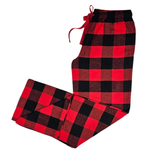 Red and black buffalo check lounge pants on a white background with 'RESTOCKED' text above.