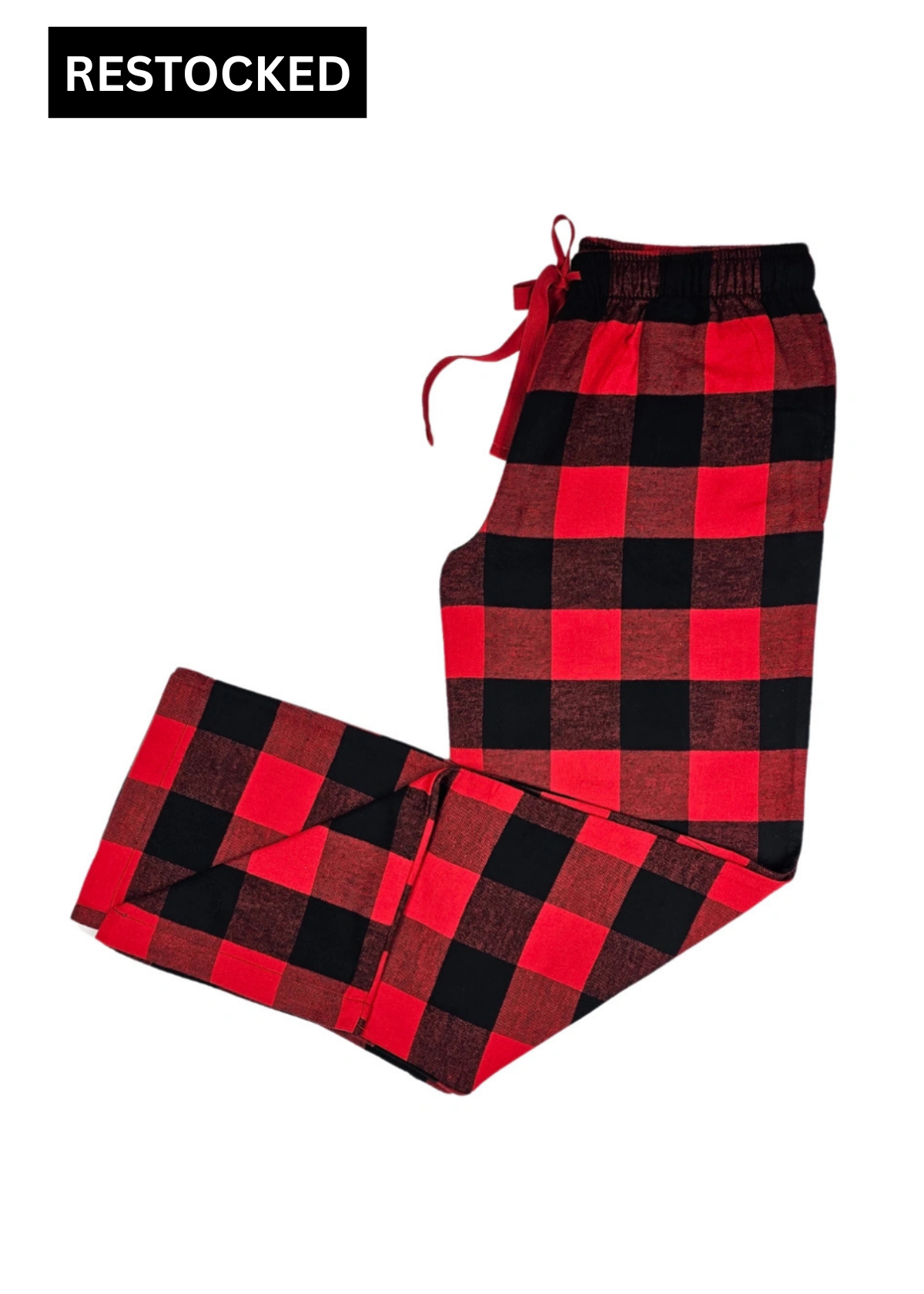 Red and black buffalo check lounge pants on a white background with 'RESTOCKED' text above.
