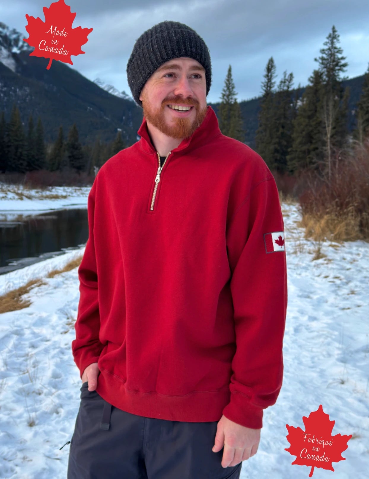 Red quarter zip polo with canada flag logo on left arm.
