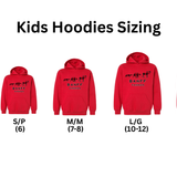 Red kids hoodies with size chart labels on a white background. Banff, Canada