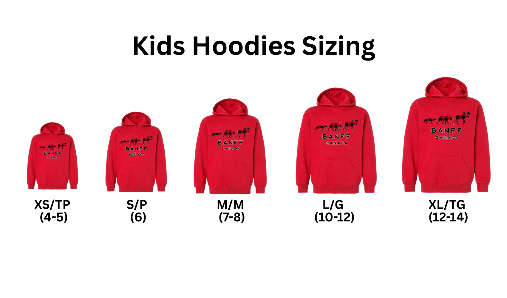 Red kids hoodies with size chart labels on a white background. Banff, Canada