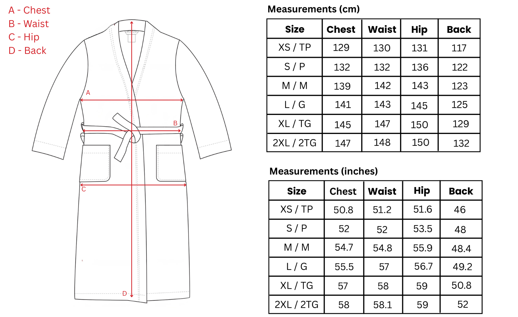 Measurement chart for a robe with size chart in centimeters and inches.
