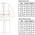 Measurement chart for a robe with size chart in centimeters and inches.