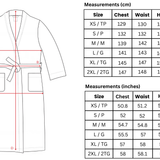 Measurement chart for a robe with size chart in centimeters and inches.