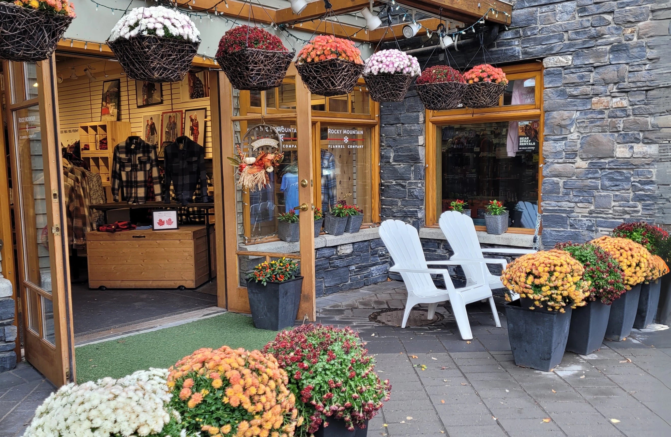 Rocky Mountain Flannel Company storefront in Autumn in Banff, Canada.