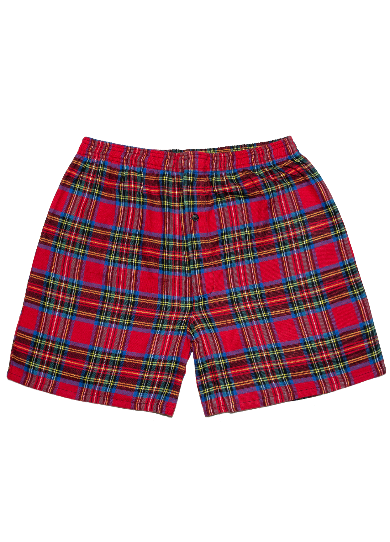 Men's boxer shorts with a red, blue, and green plaid pattern