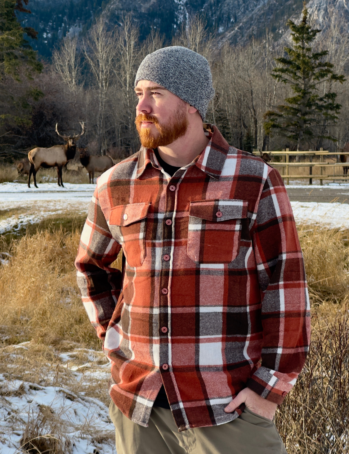 Man wearing a rust flannel shacket and beanie standing in a snowy landscape with mountains and an elk in the background in Banff, Canada