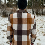 Back view of brown check jacket. The material is 75% polyester / 25% Cotton yarn dyed for that soft feel. 