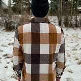 Back view of brown check jacket. The material is 75% polyester / 25% Cotton yarn dyed for that soft feel. 