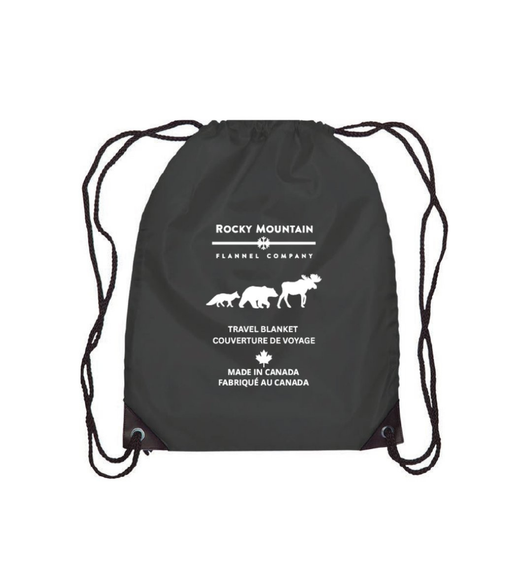 Black drawstring bag with white text and graphics on a white background