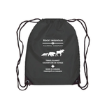 Black drawstring bag with white text and graphics on a white background