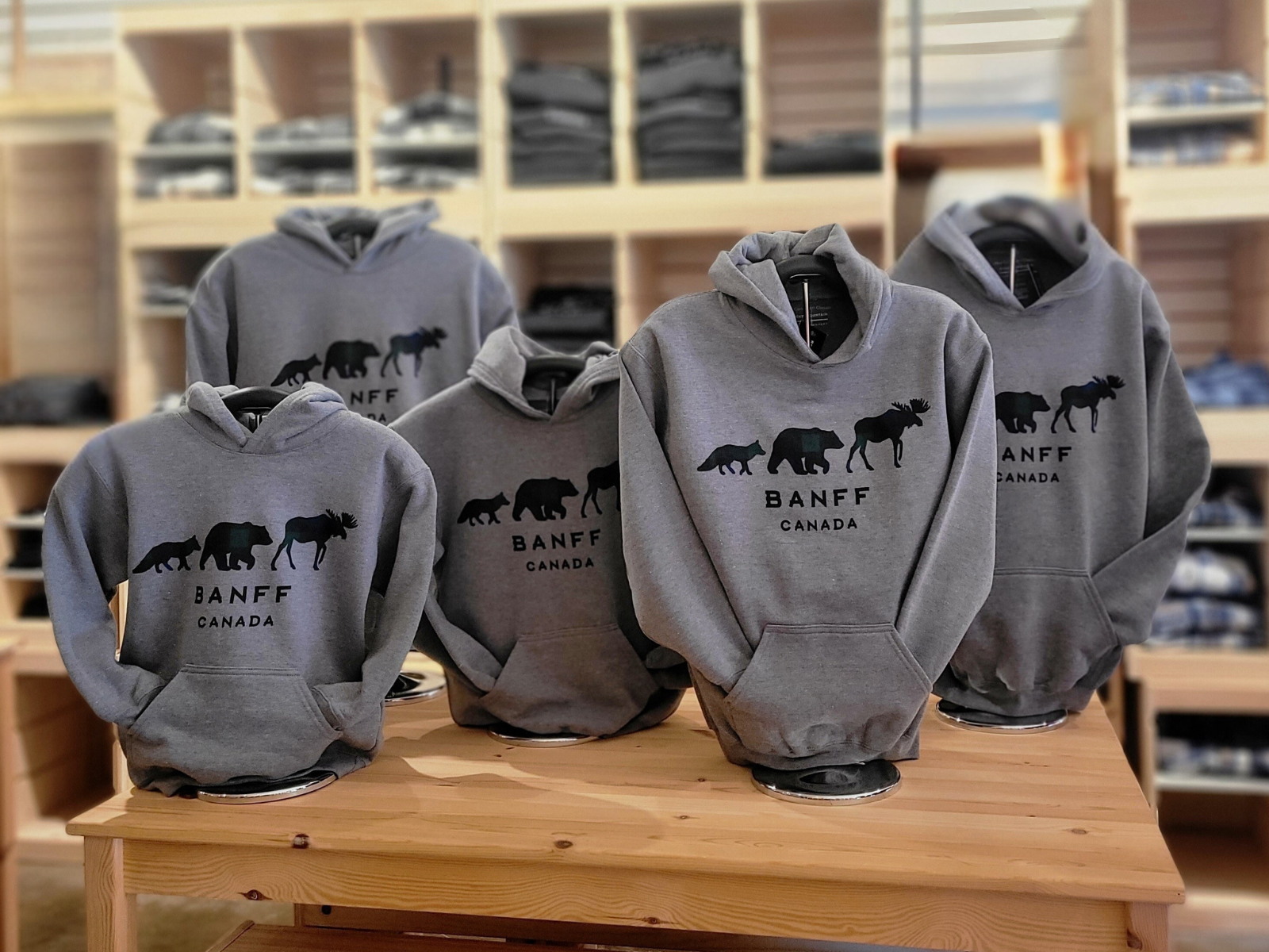 Kids grey hoodies with 'Banff Canada' text and bear designs on a wooden table.