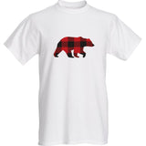 White t-shirt with a red and black plaid bear design on a white background