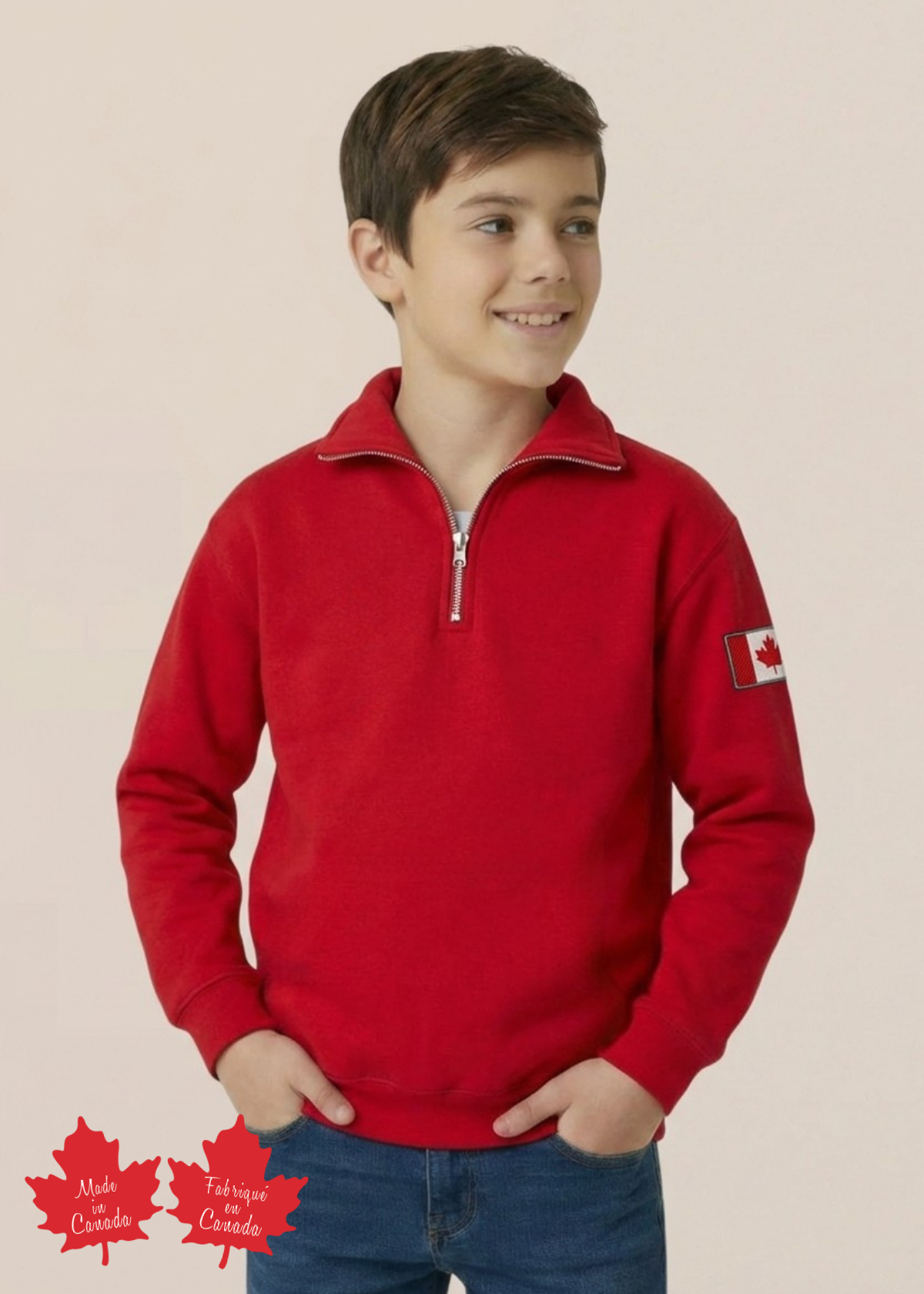 Child wearing a red polo with a Canadian flag patch on a beige background
