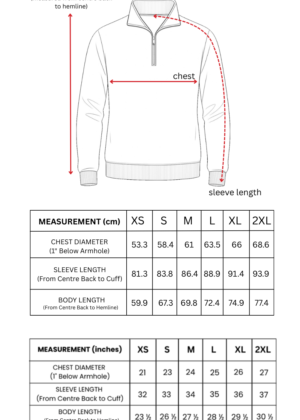 Measurement chart for a pullover with dimensions labeled
