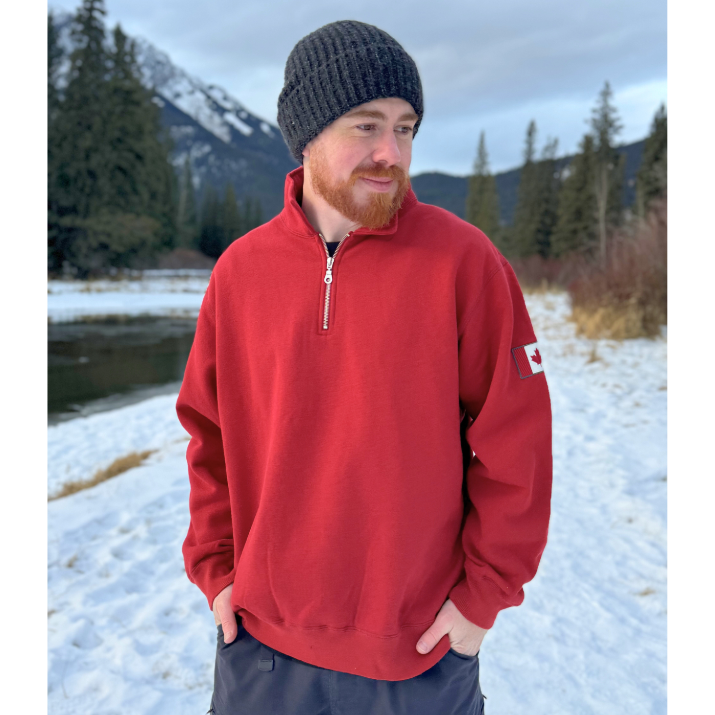 Danny is wearing our gender-neutral polo which is a classic fit with relaxed, durable 1x1 rib cuffs and waistband. Made in Canada from our signature 16 oz fleece, it’s soft and smooth. 