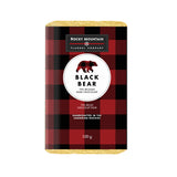A packaged chocolate bar with a plaid red and black design indicating it is Black Bear brand, 70% Belgian dark chocolate.