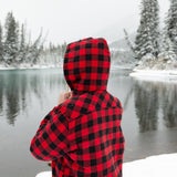 Flannel Sherpa Hooded Jacket in Small Red and Black Buffalo Check