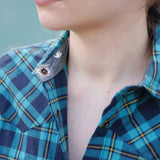 612 Woman's Snap Flannel Shirt in Turquoise Navy with Yellow Accents