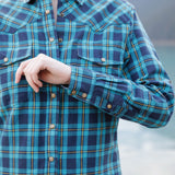 612 Woman's Snap Flannel Shirt in Turquoise Navy with Yellow Accents