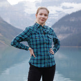 612 Woman's Snap Flannel Shirt in Turquoise Navy with Yellow Accents