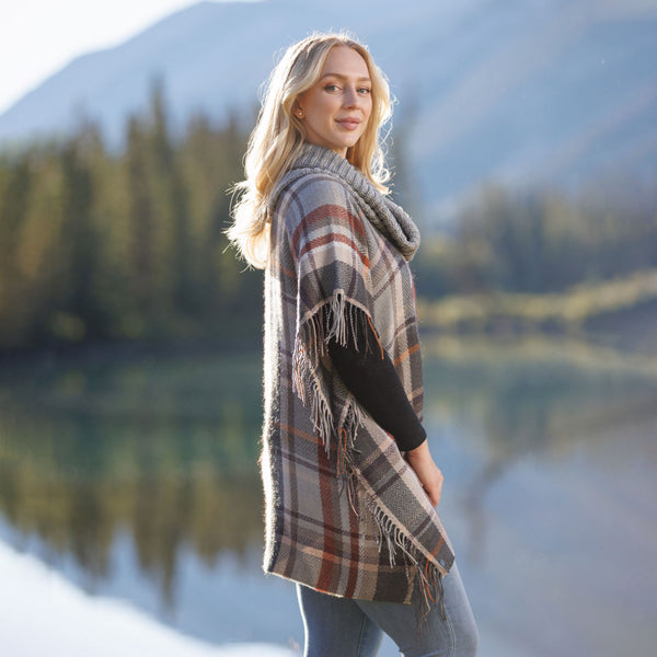 Tartan Cowl Neck Poncho in Grey